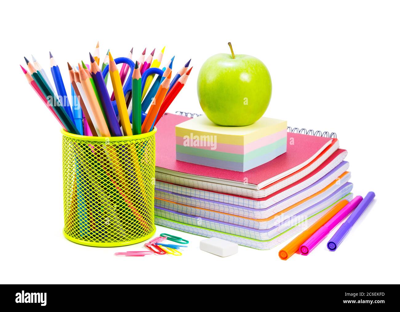 Schulpapier auf weißem, schulischem Hintergrund Stockfoto