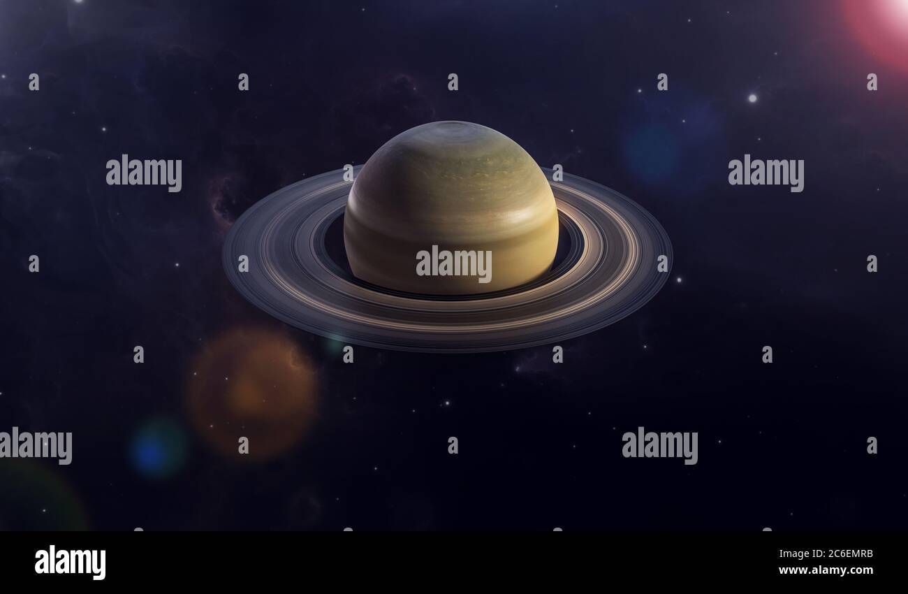 Saturn-Planet im Universum. Planet mit Ringen wird Saturn genannt. 3D-Rendering. Stockfoto