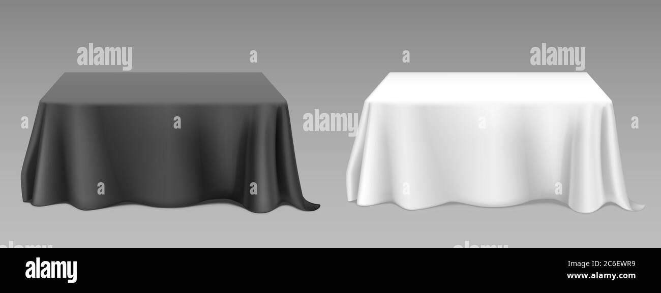 Weiße schwarze Tischdecke auf quadratischen Tischen. Vector realistische Mockup von leeren Esstisch mit leerem Leinen Tuch mit Vorhängen für Bankett-Restaurant, Urlaub Veranstaltung oder Abendessen. Schablone mit Stoffbezug Stock Vektor