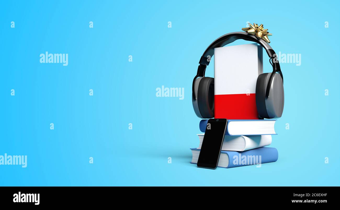Hörbuch mit Band auf blauem Hintergrund 3D-Rendering Stockfoto