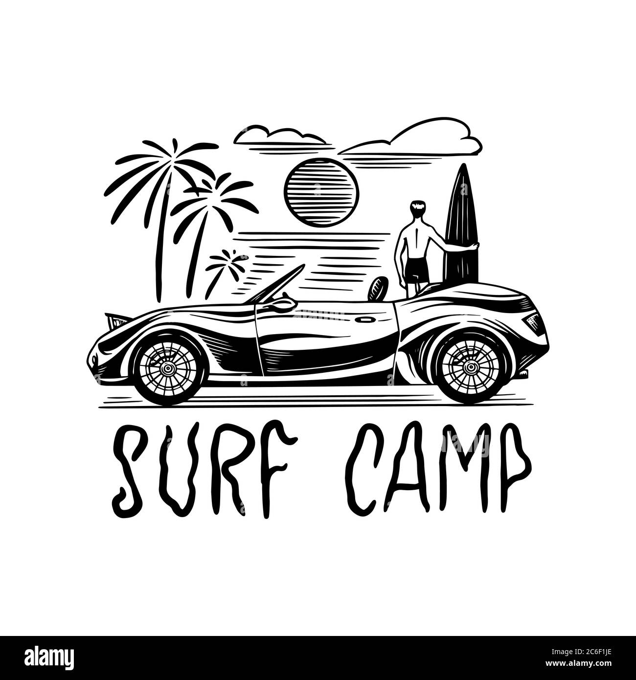 Surfcamp-Abzeichen, Vintage Surfer-Logo. Retro-Auto. Sommer Kalifornien. Mann auf dem Surfbrett. Emblem mit Gravur handgezeichnet. Banner oder Poster. Stock Vektor