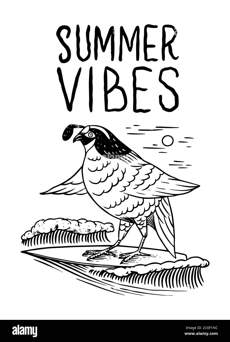 Retro Wave und Bird. Surfabzeichen, Vintage Surfer Logo. Sommer Kalifornien. Emblem mit Gravur handgezeichnet. Banner oder Poster. Stock Vektor