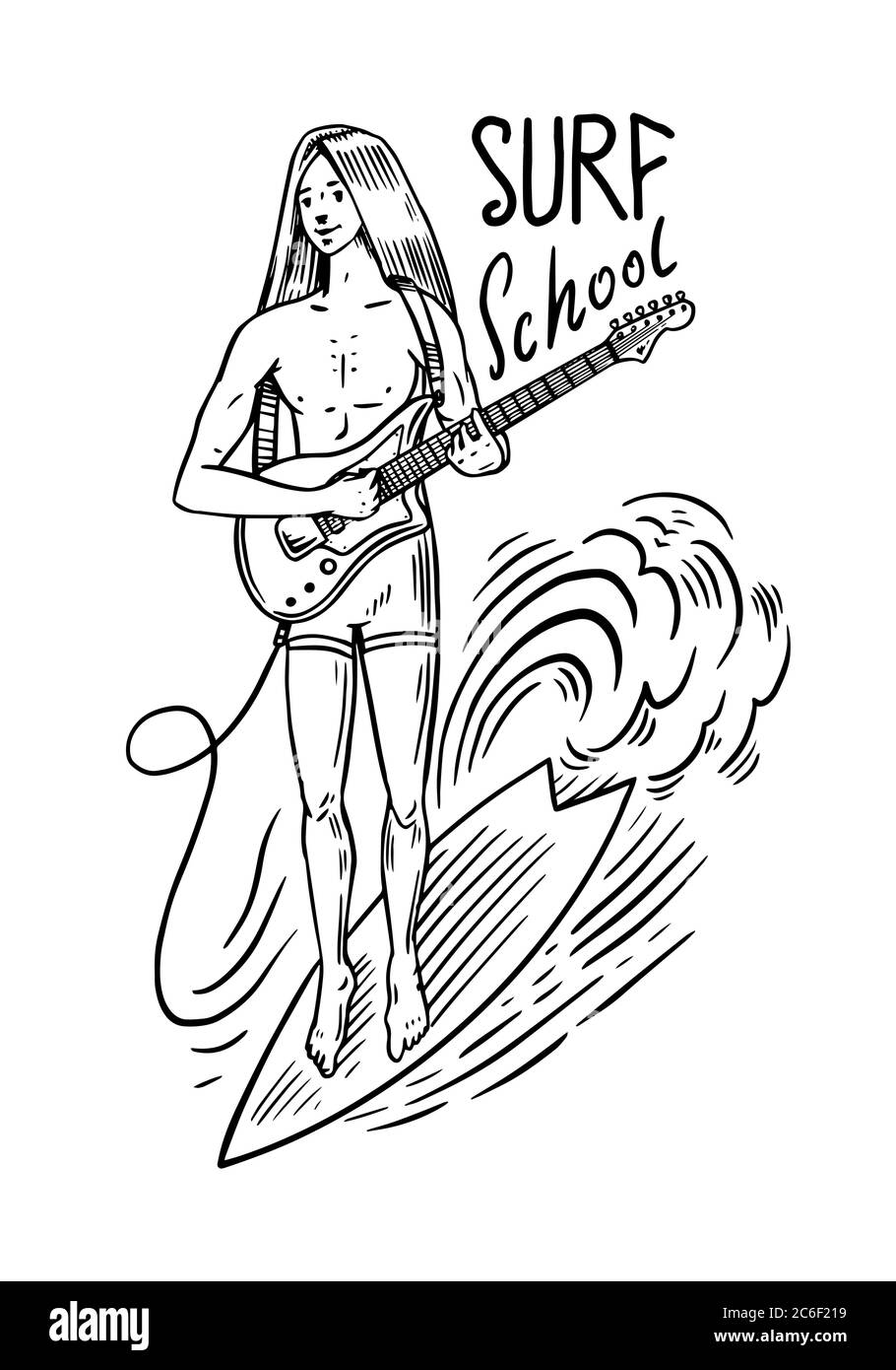 Typ mit Gitarre. Surfabzeichen, Vintage Surfer Logo. Retro Wave. Sommer Kalifornien. Mann auf dem Surfbrett. Emblem mit Gravur handgezeichnet. Banner oder Poster. Stock Vektor