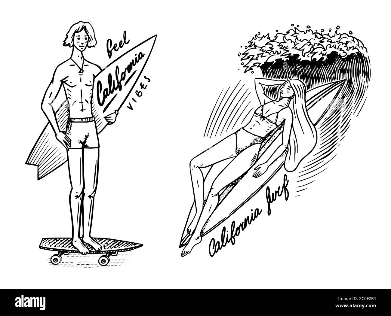 Surfabzeichen, Vintage Surfer Logo. Retro Wave. Sommer Kalifornien. Mann auf dem Surfbrett und Meer. Emblem mit Gravur handgezeichnet. Banner oder Poster. Stock Vektor