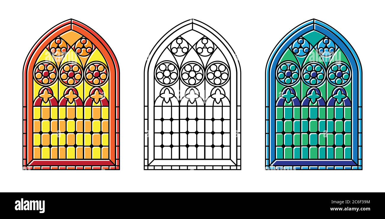 Eine Reihe von gotischen Stil Glasfenster in kühlen Tönen, warmen Tonas und schwarz-weiß Umriss. EPS10-Vektorformat Stock Vektor