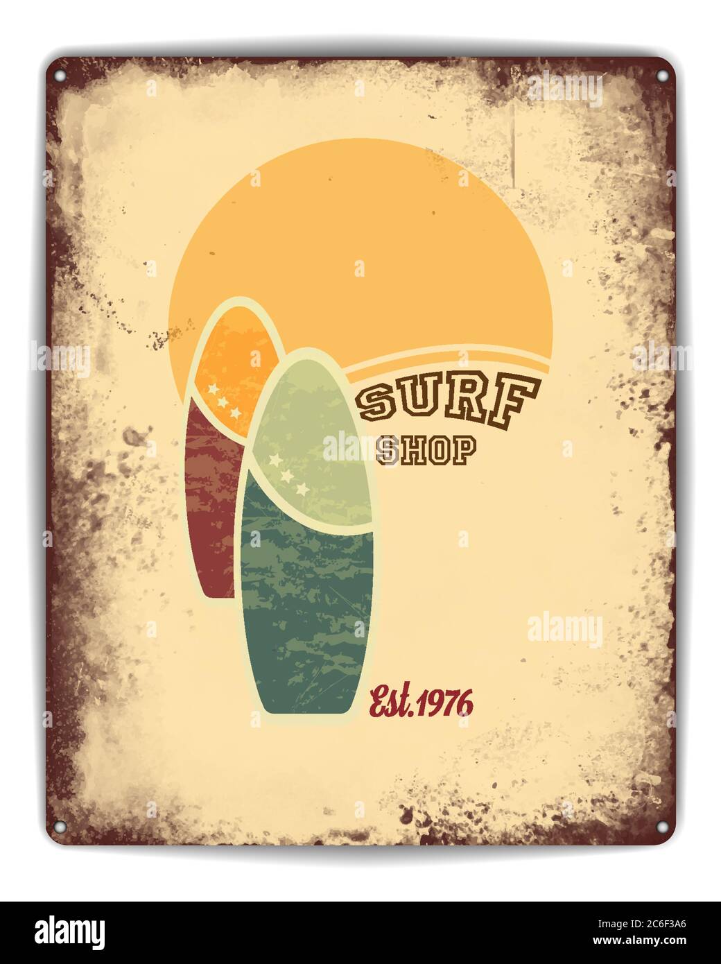 Poster im Retro-Stil mit Blechplatte. Surf Shop Werbung mit Sonne, Sand und Surfbretter. EPS10-Vektorformat Stock Vektor