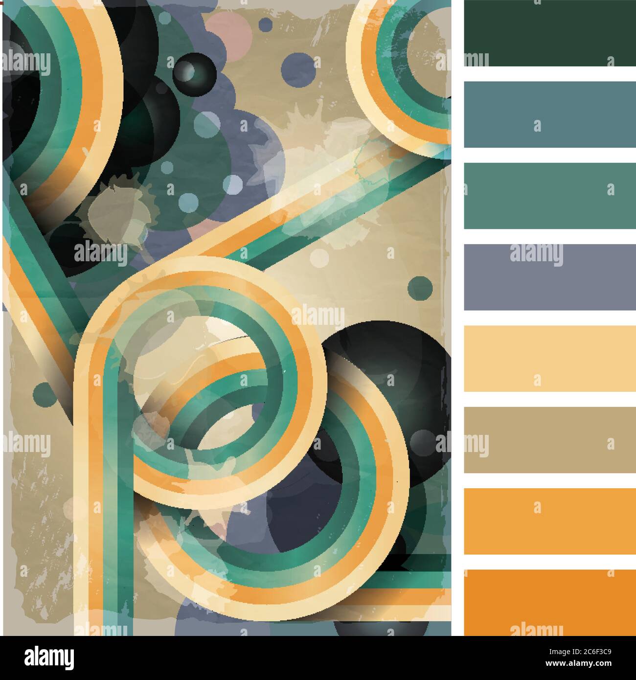 Retro Poster Vorlage mit Blasen, Kreisen, Linien und Farbspritzern. 60er Jahre, 70er Jahre Stil Grunge Hintergrund. In einer Farbpalette mit gratis Colo Stock Vektor
