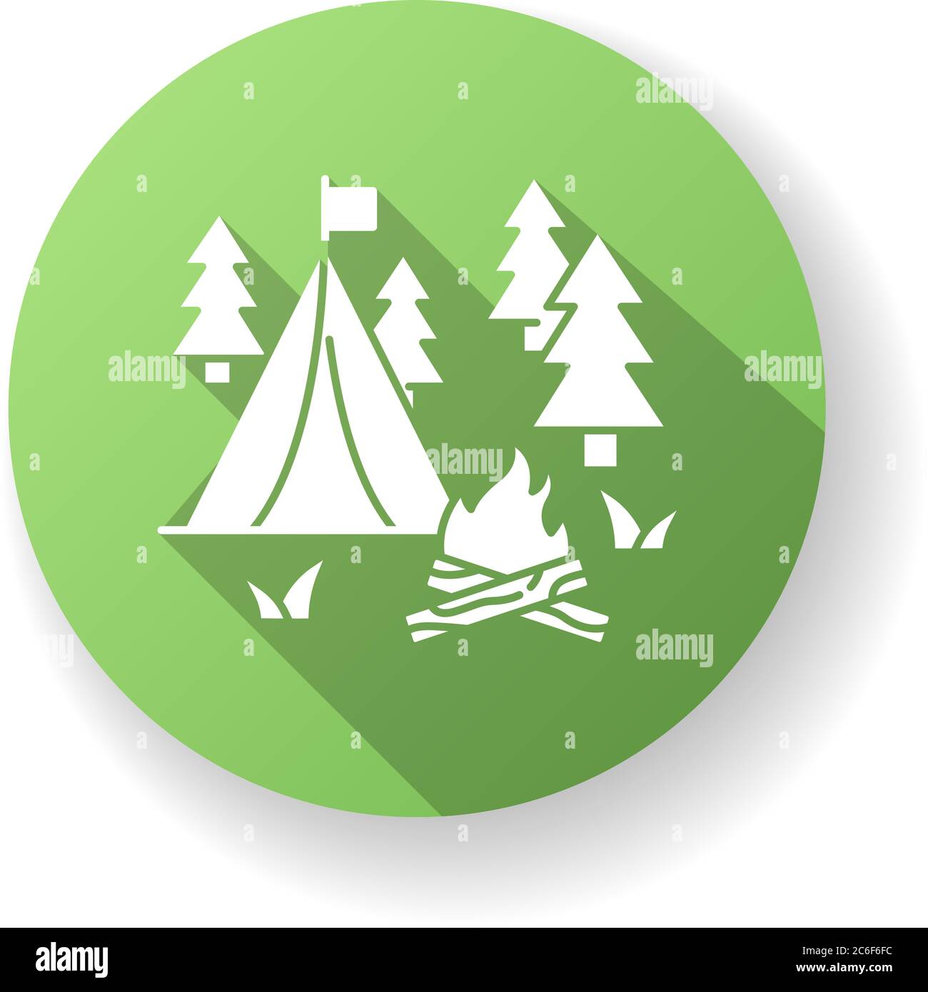Camping grün flaches Design lange Schatten Glyphe Symbol. Naturtourismus, Erholung im Freien. Preiswerter Urlaub, Übernachtung im Wald. Lagerfeuer und zehn Stock Vektor