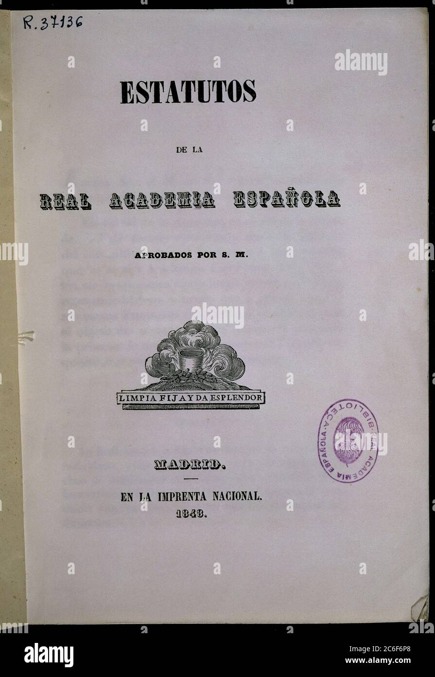 PORTADA-ESTATUTOS DE LA REAL ACADEMIA DE LA LENGUA ESPAÑOLA 1848. ORT: ACADEMIA DE LA LENGUA-COLECCION. MADRID. SPANIEN. Stockfoto