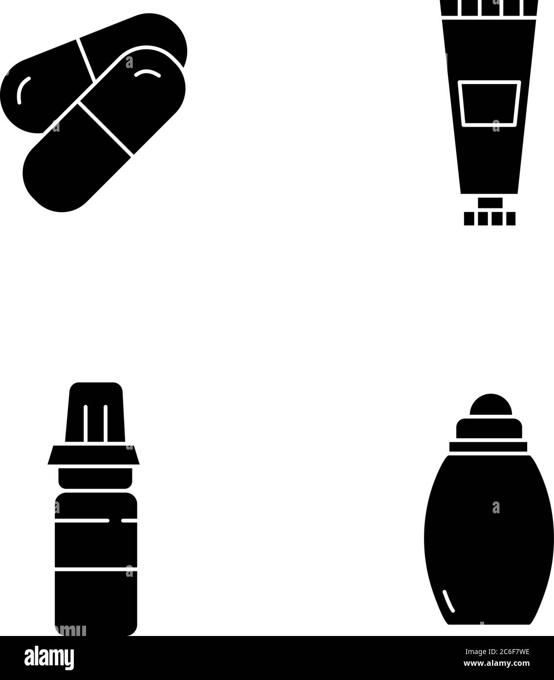 Schwarze Glyphen-Symbole für Körperpflege auf weißem Raum. Pharmazeutische Produkte. Vitaminverordnung. Medikamente zur Heilung von Krankheiten. Schönheitspflege. Silhouetten Stock Vektor