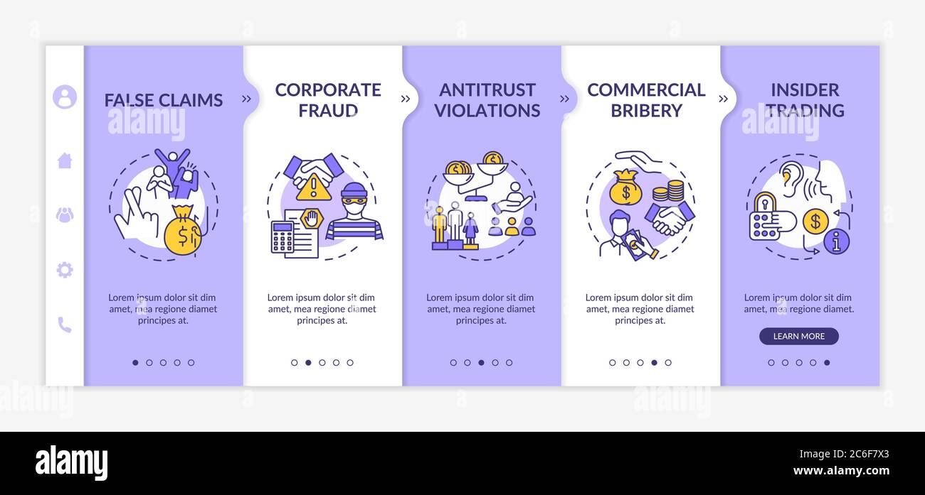 Gemeinsame Vorlage für die Einführung von Unternehmensverbrechen. Insiderhandel und Unternehmensfrauungen. Juristische Person. Responsive mobile Website mit Symbolen. Webseite Stock Vektor