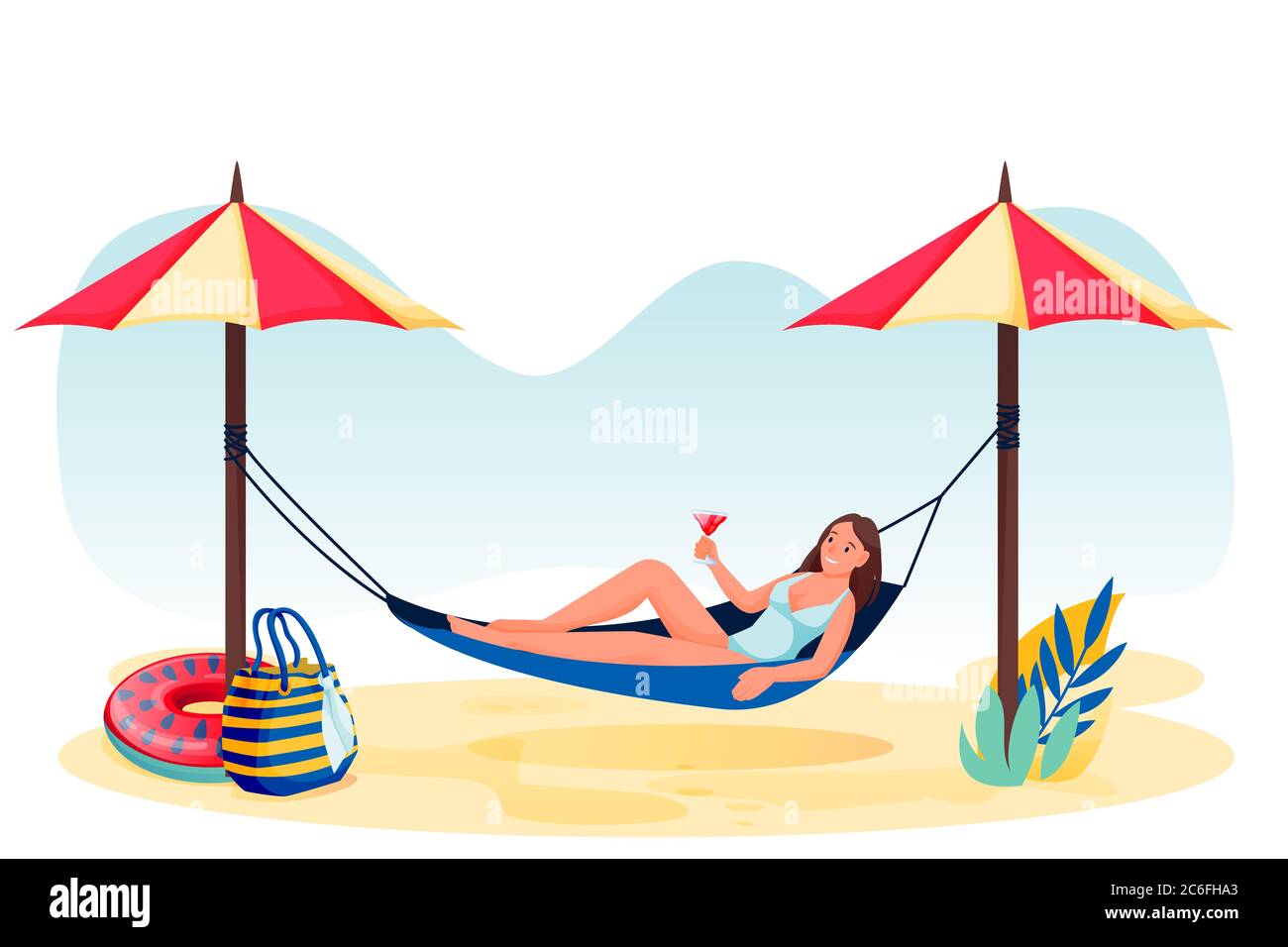 Junge Frau mit Cocktail in Hängematte am Strand. Vektor flach Cartoon Figur  Illustration. Entspanntes Mädchen auf weißem Hintergrund isoliert.  Sommerurlaub t Stock-Vektorgrafik - Alamy