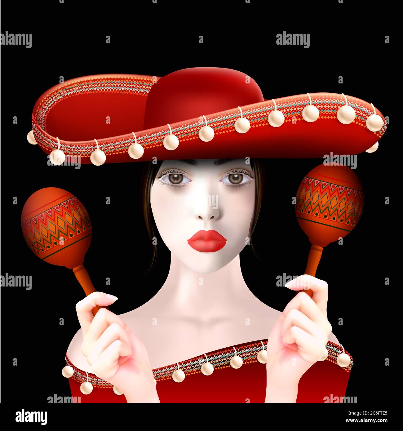 Realistisches Porträt der schönen mexikanischen Frau in Sombrero und mit Maracas. 3D-Darstellung auf schwarzem Hintergrund isoliert. Stockfoto