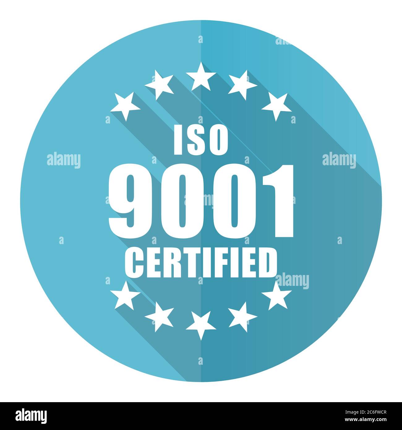ISO 9001 Vektor-Symbol, flaches Design blau rund Web-Taste isoliert auf weißem Hintergrund Stock Vektor