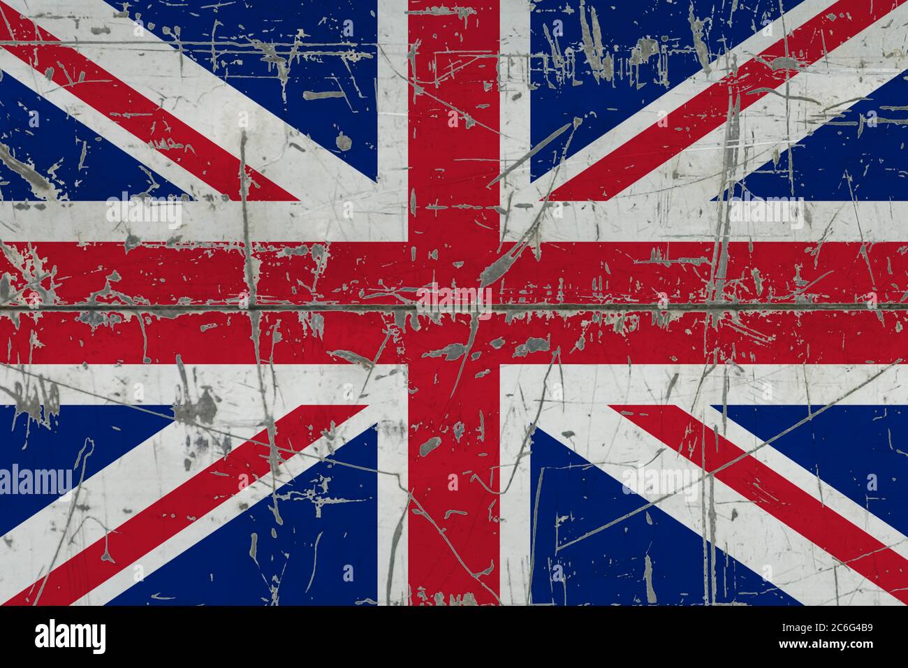 Britische Flagge auf rissige schmutzige Oberfläche gemalt. Nationales Muster auf Vintage-Style-Oberfläche. Verkratzt und verwittert Konzept. Stockfoto