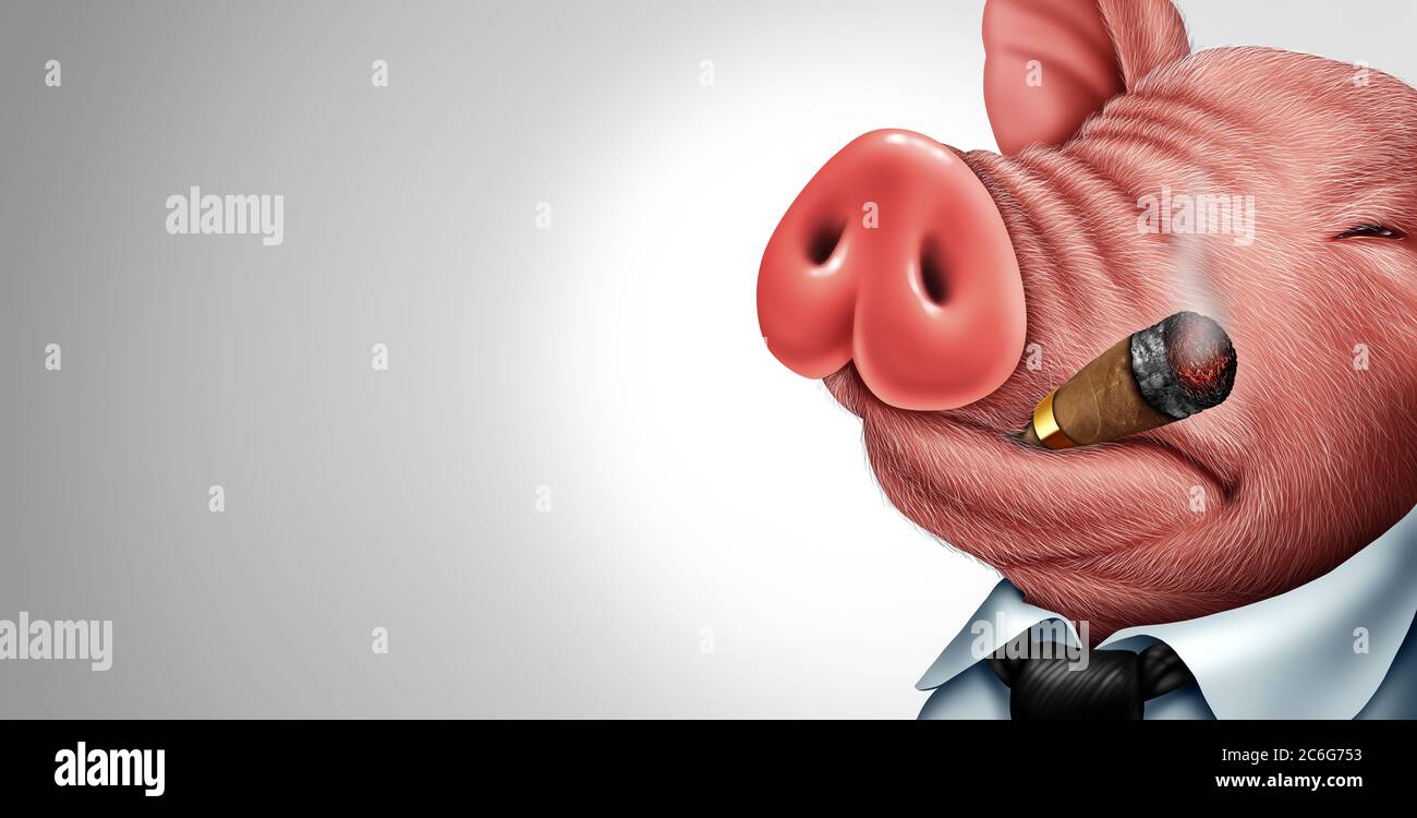 Gier Konzept und gierige Schwein Symbol als egoistisches Symbol für Egoismus und arrogante wohlhabende piggish Charakter als Business-Exzess-Konzept. Stockfoto