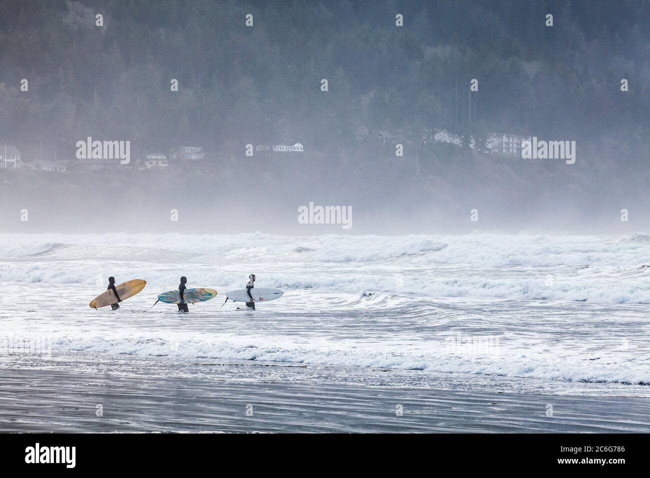 Drei junge Männer gingen mit Surfbrettern in die Suf. Pazifikküste, Küste, Oregon, USA. Stockfoto