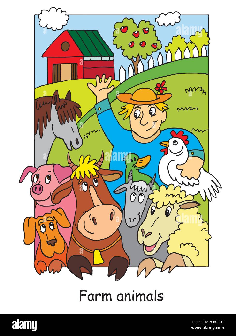 Malvorlagen mit glücklichen Landwirt und seine Nutztiere. Cartoon Vektorgrafik. Stock Illustration für Design, Vorschulbildung, Druck und Spiel Stock Vektor