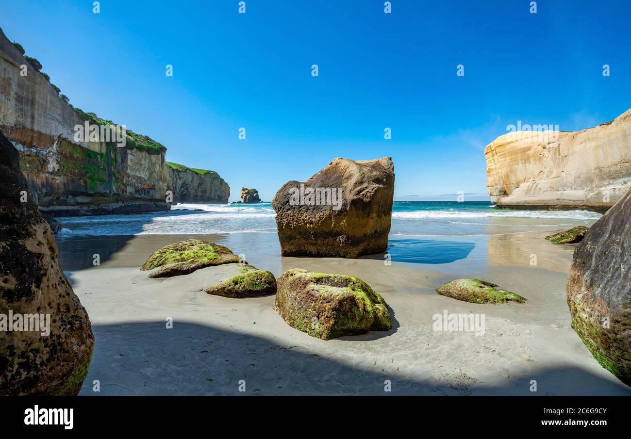 Sandstrand mit Sandsteinklippen, Tunnel Beach, Otago, Südinsel, Neuseeland Stockfoto