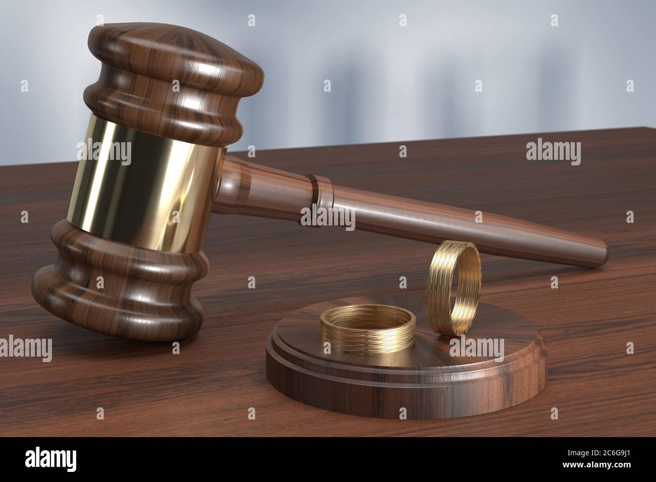 Richterhammer mit zwei Eheringen, Scheidung Stockfoto