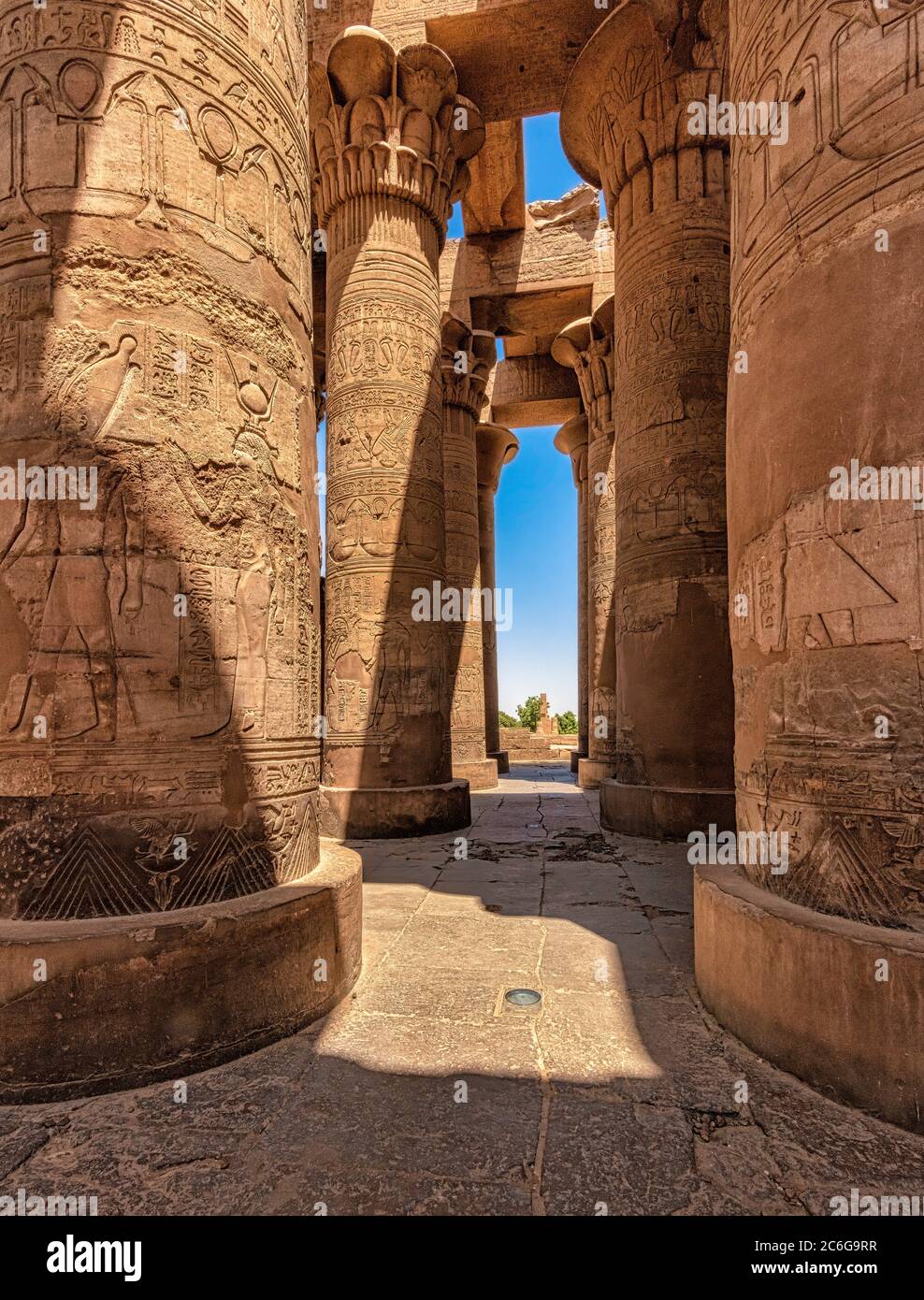 Säulen von einer der beiden Hypostyle Hallen im Kom Ombo Tempel. Der Doppeltempel ist dem krokodilgott Sobek und dem falkenköpfigen gott Horus gewidmet Stockfoto