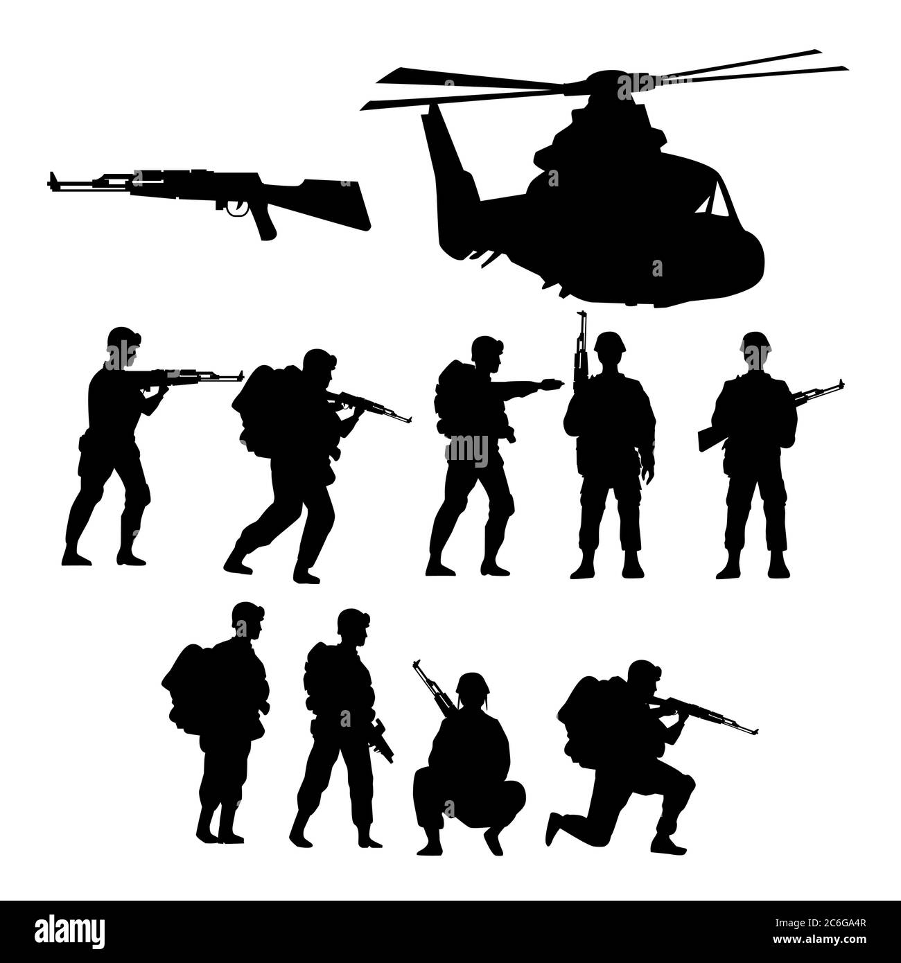 Militär Soldaten mit Waffen und Hubschrauber Silhouetten Vektor Illustration Design Stock Vektor