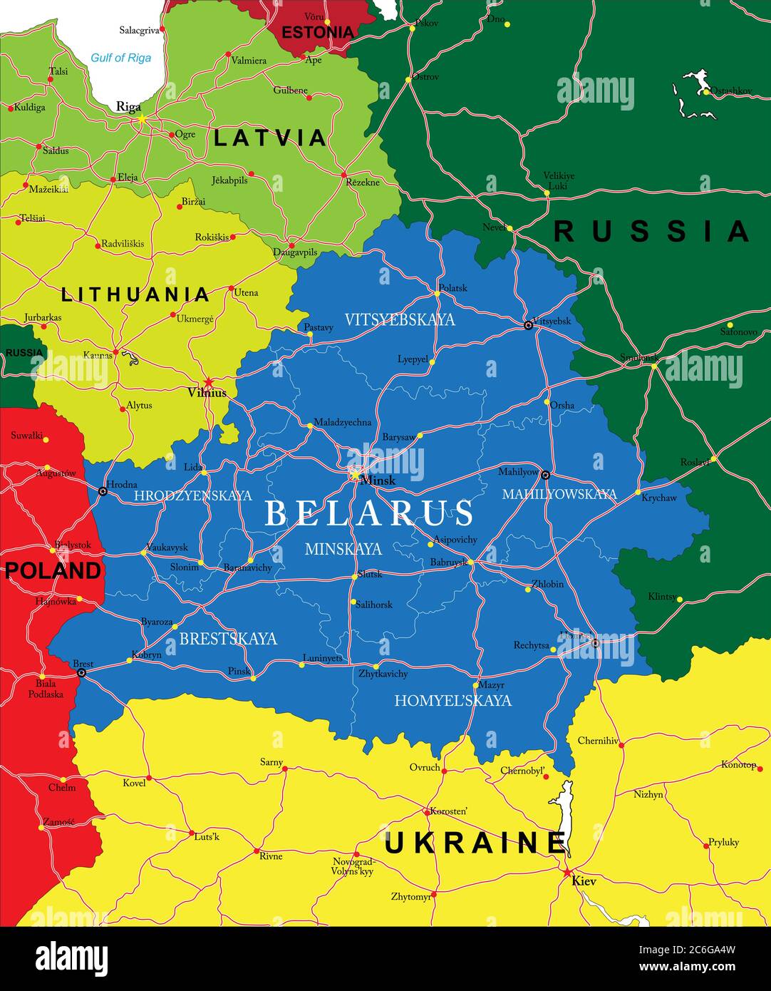 Hochdetaillierte Vektorkarte von Belarus mit Verwaltungsgebieten, Hauptstädten und Straßen. Stock Vektor