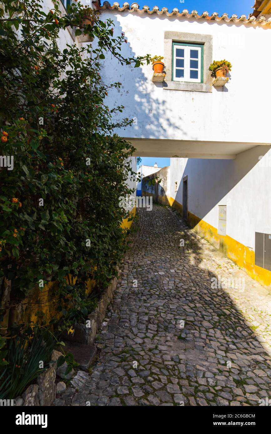 Die kleine Stadt Obidos, Portugal, die eine mittelalterliche Burg besitzt Stockfoto