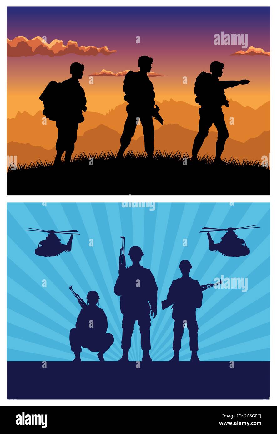 Militär Soldaten mit Waffen und Hubschrauber Silhouetten Vektor Illustration Design Stock Vektor