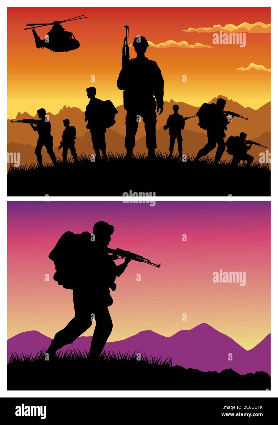 Militär Soldaten mit Waffen und Hubschrauber Silhouetten Vektor Illustration Design Stock Vektor