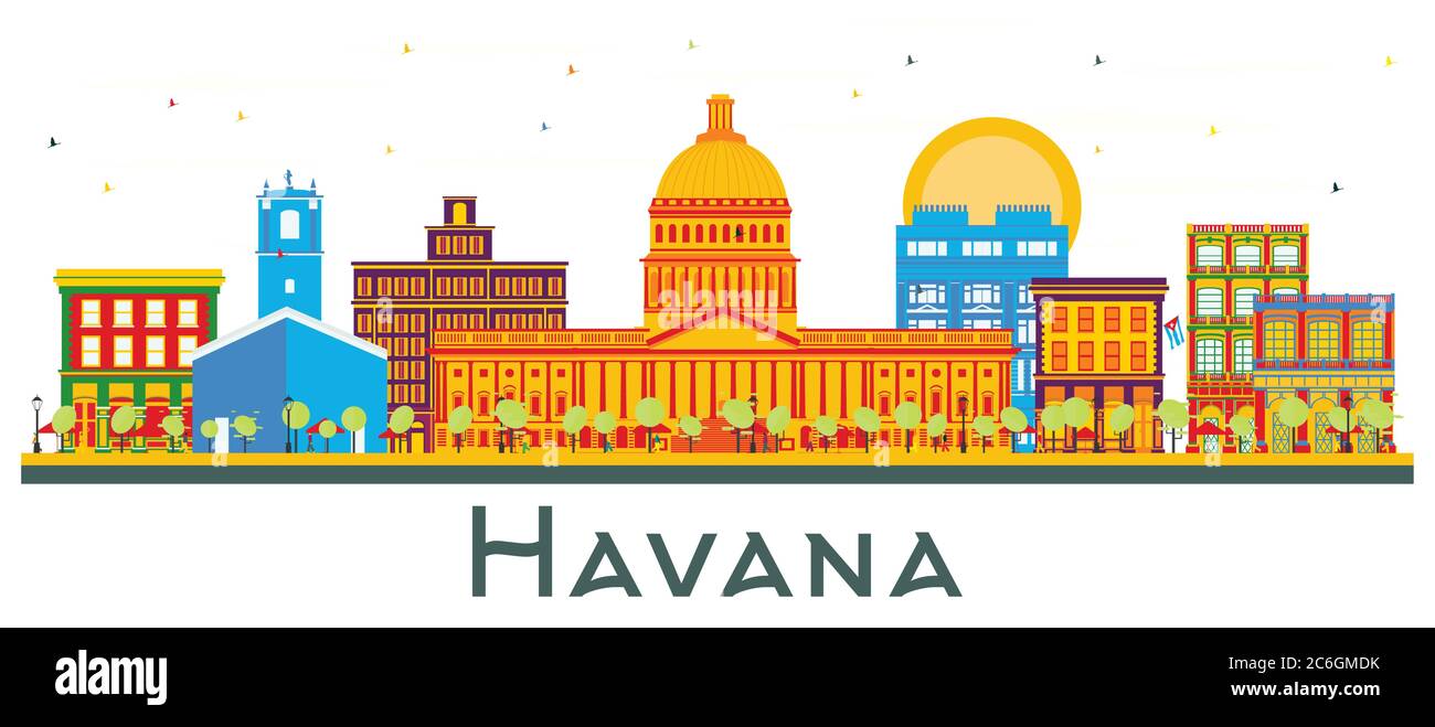 Havanna Cuba City Skyline mit farbigen Gebäuden isoliert auf Weiß. Vektorgrafik. Business Travel und Tourismus Konzept mit historischer Architektur. Stock Vektor