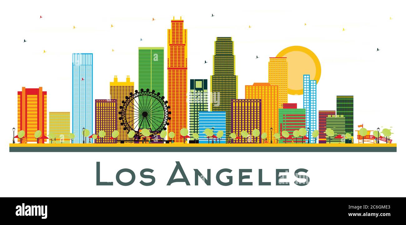 Los Angeles California City Skyline mit farbigen Gebäuden isoliert auf Weiß. Vektorgrafik. Business Travel und Tourismus Konzept. Stock Vektor