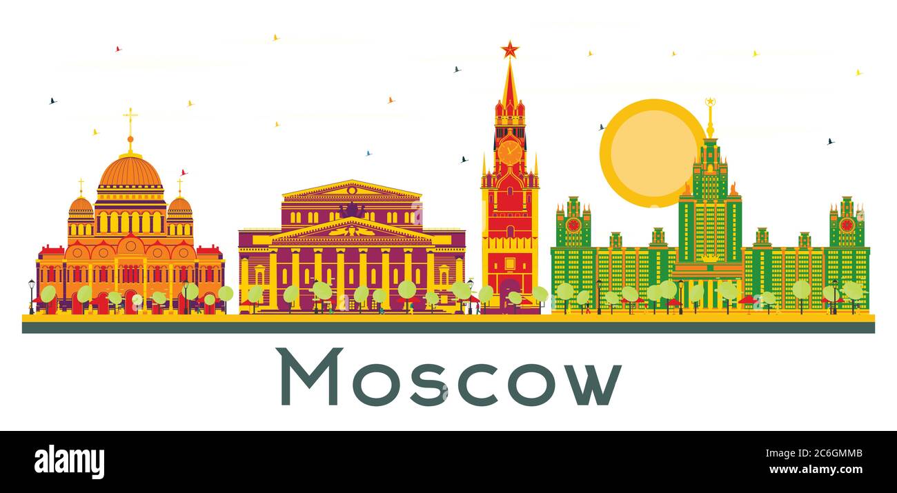 Moskau Russland City Skyline mit farbigen Gebäuden isoliert auf Weiß. Vektorgrafik. Business Travel und Tourismus Konzept mit historischer Architektur Stock Vektor