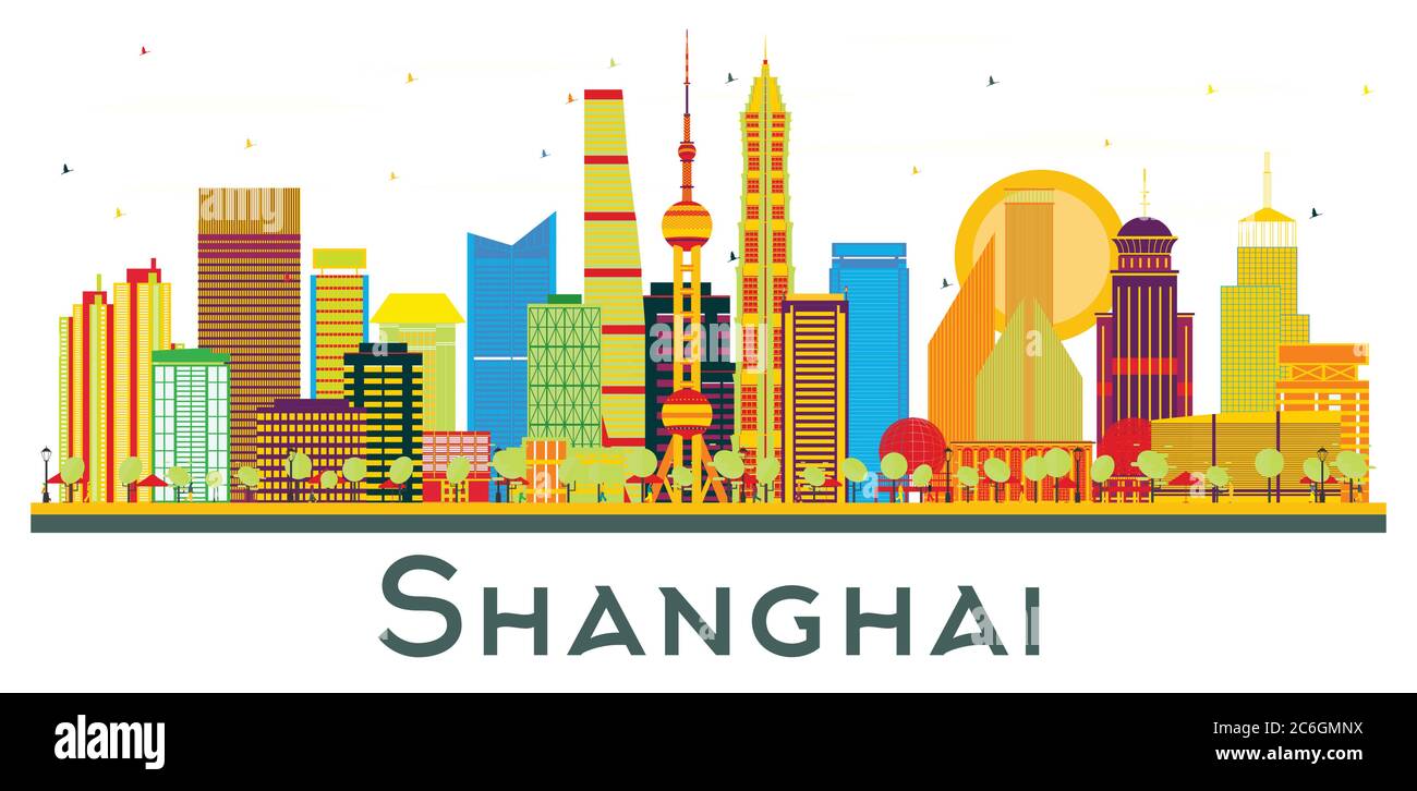 Shanghai China City Skyline mit farbigen Gebäuden isoliert auf Weiß. Vektorgrafik. Business Travel und Tourismus Konzept. Stock Vektor