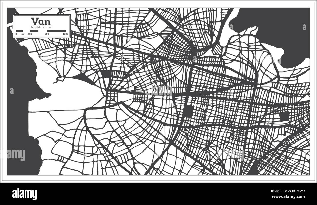Van Türkei Stadtplan in Schwarz und Weiß Farbe im Retro-Stil. Übersichtskarte. Vektorgrafik. Stock Vektor