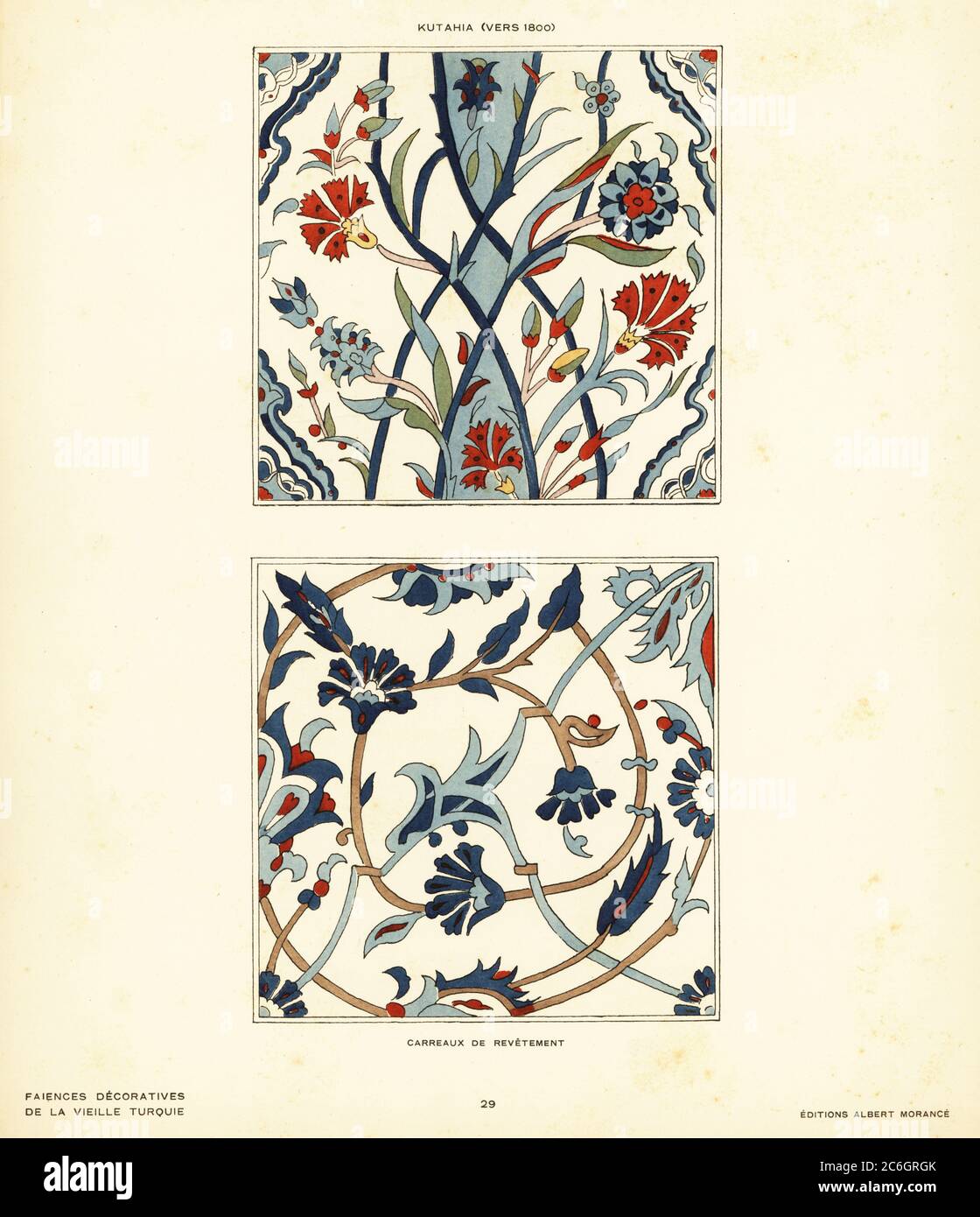 Keramische Bodenfliesen dekrated mit Blumen und Laub hergestellt in Kutahya, Türkei, um 1800. Carreaux de revetement. Kutahia (Vers 1800). Pochoir (Schablone) handkolorierte Lithographie von Alexandre Raymond’s Faience Decorative de la Vieille Turquie, Dekorative Keramik aus der Antike Türkei, Editions Albert Morance, Paris, 1927. Stockfoto