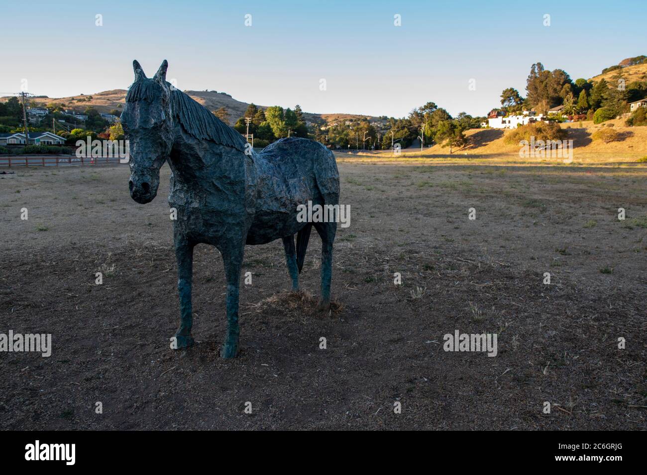 Blackies Weide in Tiburon, CA, zeigt eine Statue in Erinnerung an Blackie, das Pferd, das dort lebte. Stockfoto