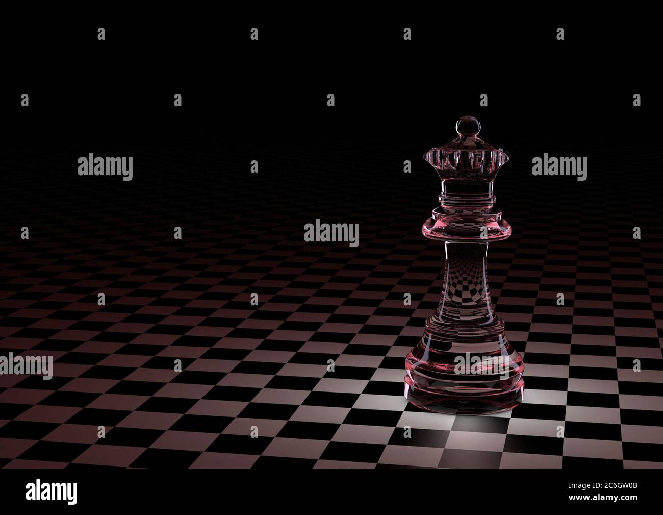 3D-Illustration. Schachfigur Glaskönigin auf dem Brett in einem kleinen Käfig. Mit roter, burgunderroter Hintergrundbeleuchtung. Auf schwarzem Hintergrund. Das Konzept der Brettspiele, Logik, Training für das Gehirn. Stockfoto