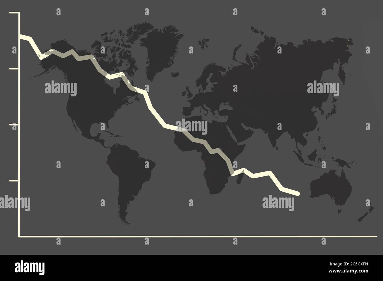 Illustration mit einem fallenden Aktienkurs und einer Weltkarte als Symbol einer rückläufigen (Welt-)Wirtschaft Stockfoto