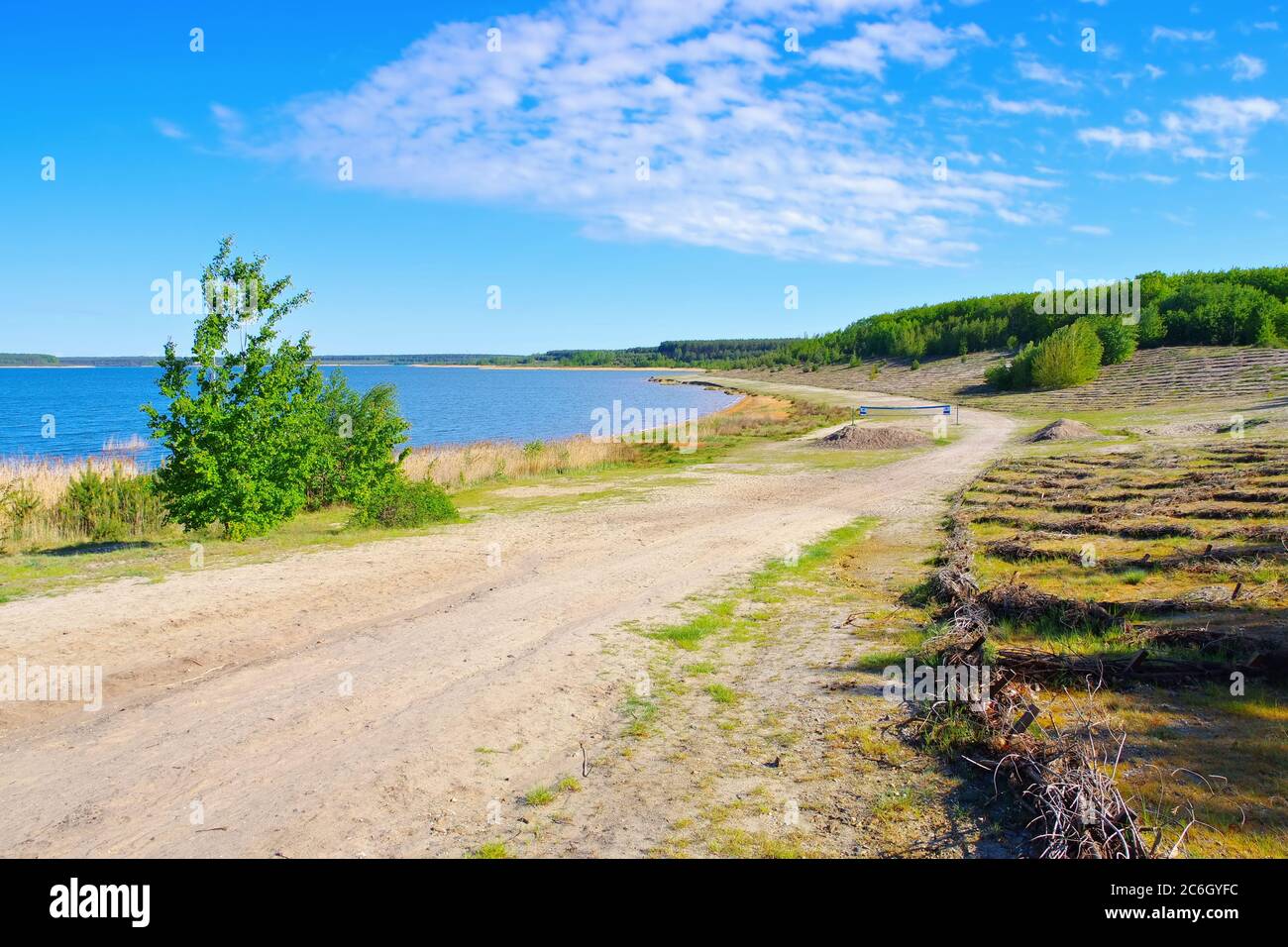 Geierswalder Seenstrand in Lausitzer Seenplatte an einem sonnigen Tag, Deutschland Stockfoto