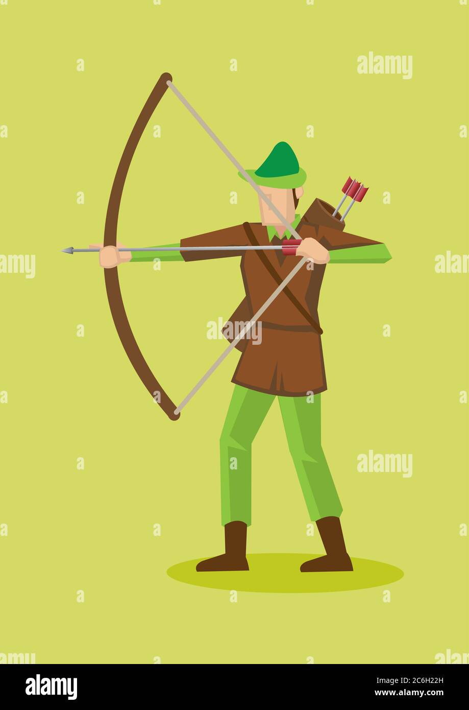 Bogenschutze In Robin Hood Hut Und Kostum Mit Pfeil Und Bogen Vektor Cartoon Figur Illustration Isoliert Auf Einfachem Grunen Hintergrund Stock Vektorgrafik Alamy
