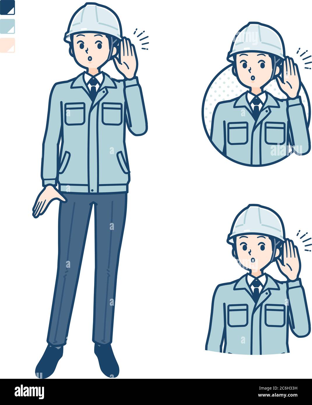 Ein Mann trägt Arbeitskleidung mit Hörbildern. Es ist Vektorgrafik, so dass es einfach zu bearbeiten ist. Stock Vektor