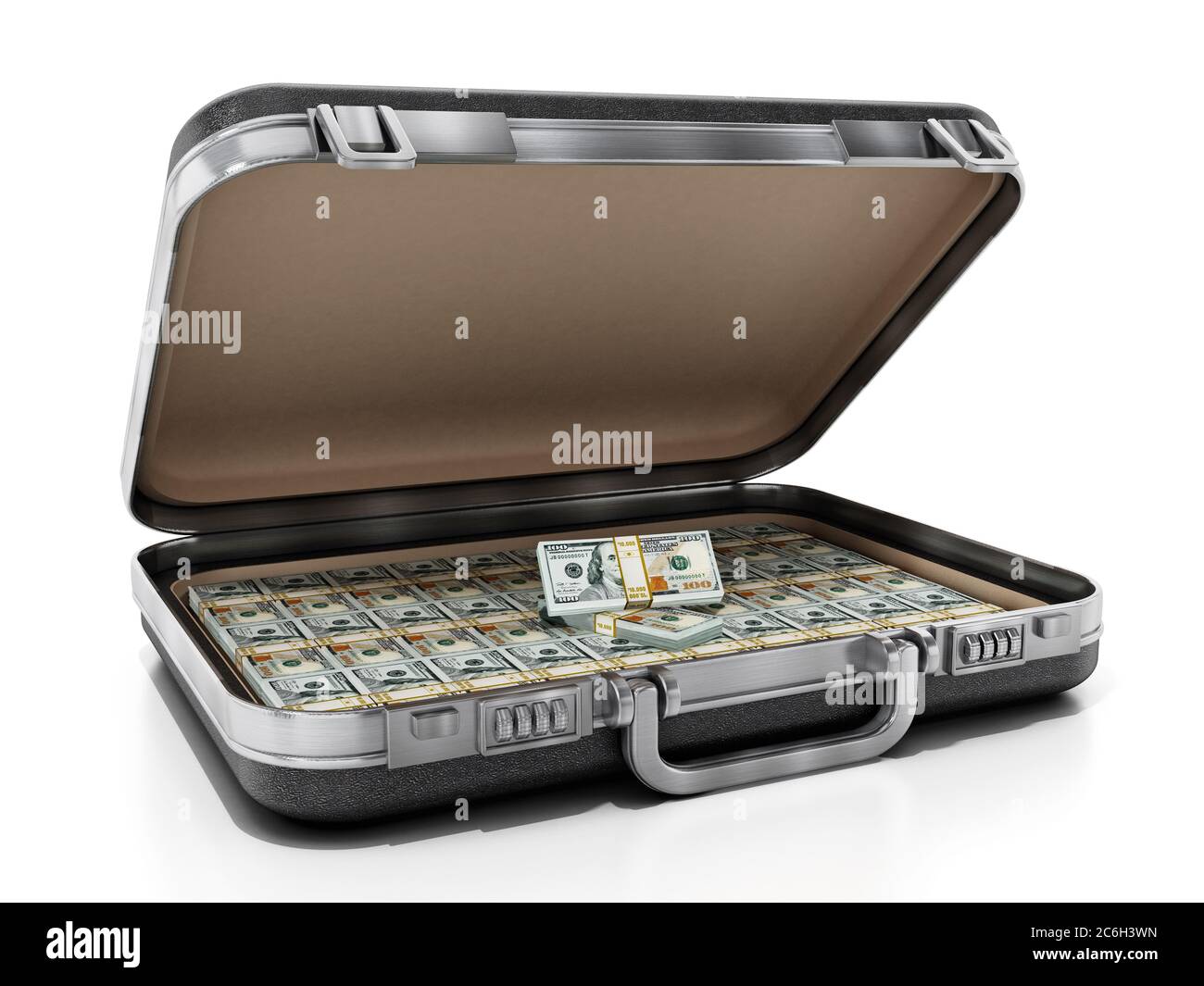 Öffnen Sie klassische Aktentasche voller Geld isoliert auf weißem Hintergrund. 3D-Illustration. Stockfoto