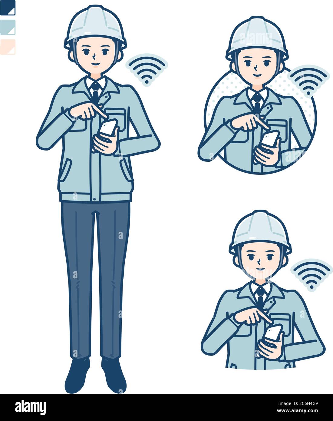 Ein Mann trägt Arbeitskleidung mit Bedienung Smartphone Bilder. Es ist Vektorgrafik, so dass es einfach zu bearbeiten ist. Stock Vektor