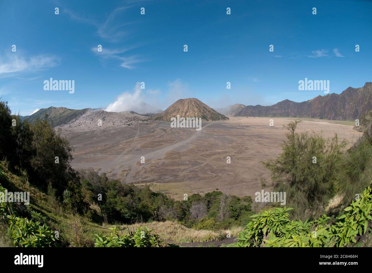 Blick über das Meer aus Sand des rauchenden Mount Bromo auf der linken Seite und Mount Batok auf der rechten Seite, Bromo Tengger Semeru Nationalpark, Ost-Java, Indonesien Stockfoto