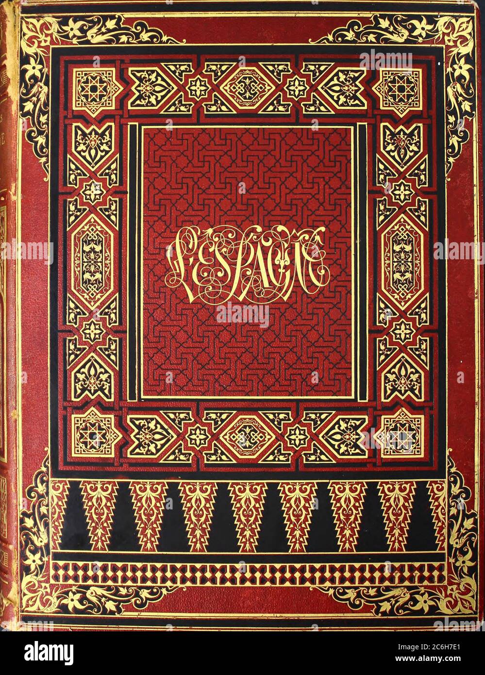 Design und Kalligraphie auf dem vorderen Buchcover aus dem Buch 'L'Espagne' [Spanien] von Davillier, Jean Charles, barón, 1823-1883; Doré, Gustave, 1832-1883; Veröffentlicht in Paris, Frankreich von Libreria Hachette, 1874 Stockfoto