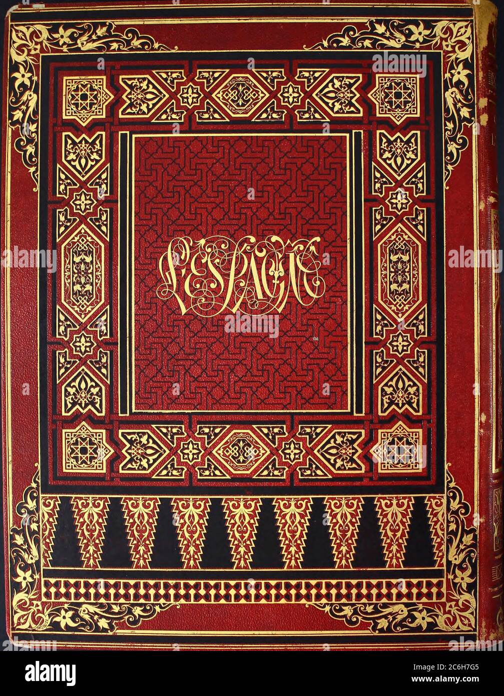 Design und Kalligraphie auf dem hinteren äußeren Bucheinband aus dem Buch 'L'Espagne' [Spanien] von Davillier, Jean Charles, barón, 1823-1883; Doré, Gustave, 1832-1883; Veröffentlicht in Paris, Frankreich von Libreria Hachette, 1874 Stockfoto