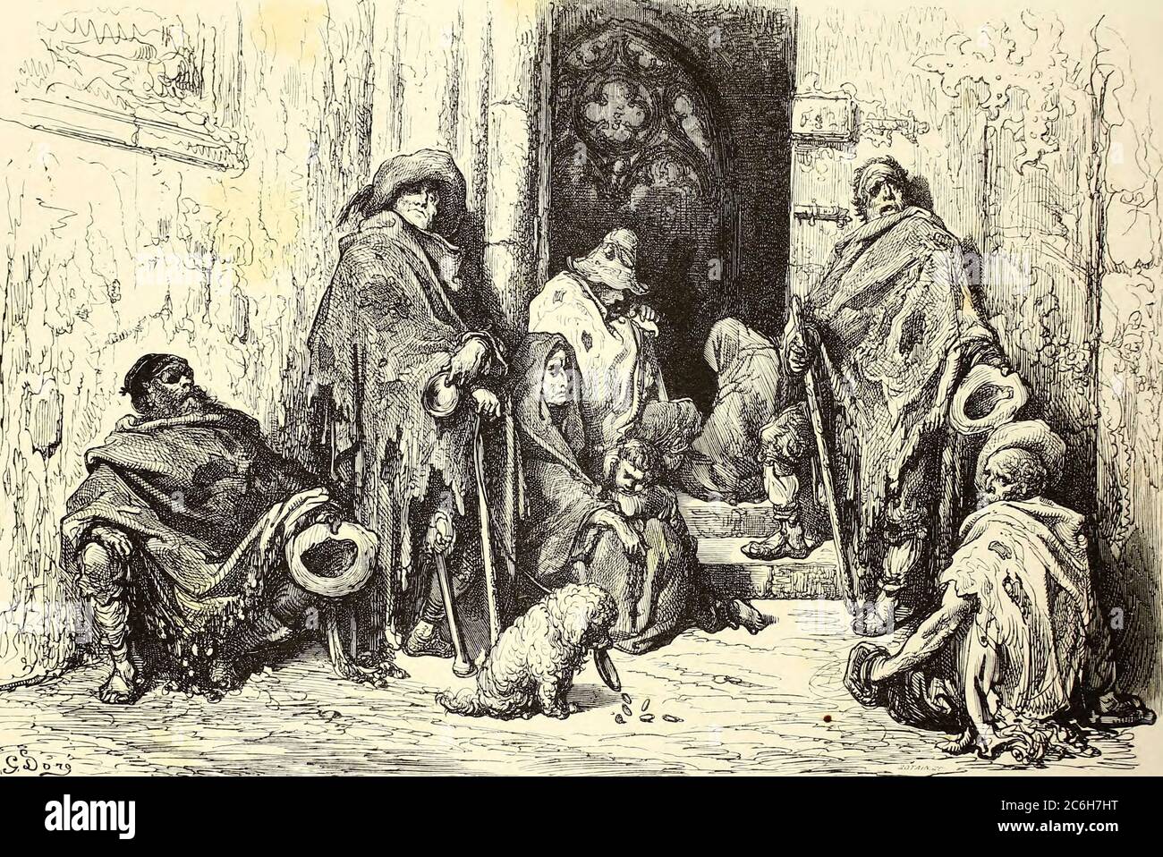 Mendiants dans le Cloitre de la Cathedrale de Barcelone [Bettler im Kreuzgang der Kathedrale von Barcelona] Seitenillustration aus dem Buch 'SPain' [L'Espagne] von Davillier, Jean Charles, barón, 1823-1883; Doré, Gustave, 1832-1883; Veröffentlicht in Paris, Frankreich von Libreria Hachette, 1874 Stockfoto