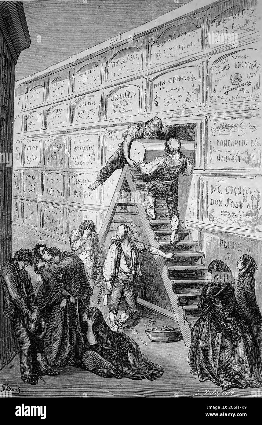 UN Enterrement a Barcelone [A Funeral in Barcelona] Seitenillustration aus dem Buch 'SPain' [L'Espagne] von Davillier, Jean Charles, barón, 1823-1883; Doré, Gustave, 1832-1883; Veröffentlicht in Paris, Frankreich von Libreria Hachette, 1874 Stockfoto