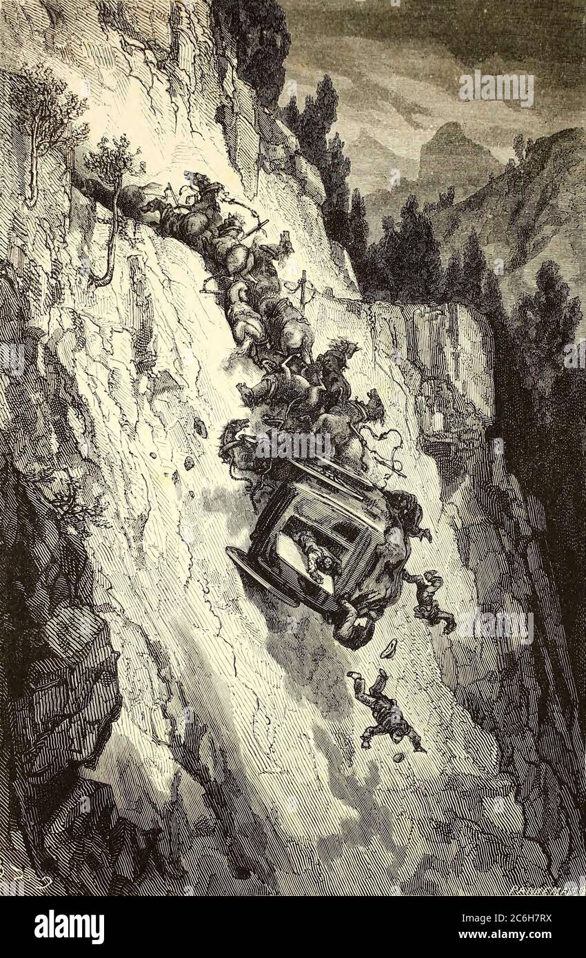 UN Accident [an Accident - A Carriage and Horses Fall of a Cliff] Seitenillustration aus dem Buch 'L'Espagne' [Spanien] von Davillier, Jean Charles, barón, 1823-1883; Doré, Gustave, 1832-1883; Veröffentlicht in Paris, Frankreich von Libreria Hachette, 1874 Stockfoto